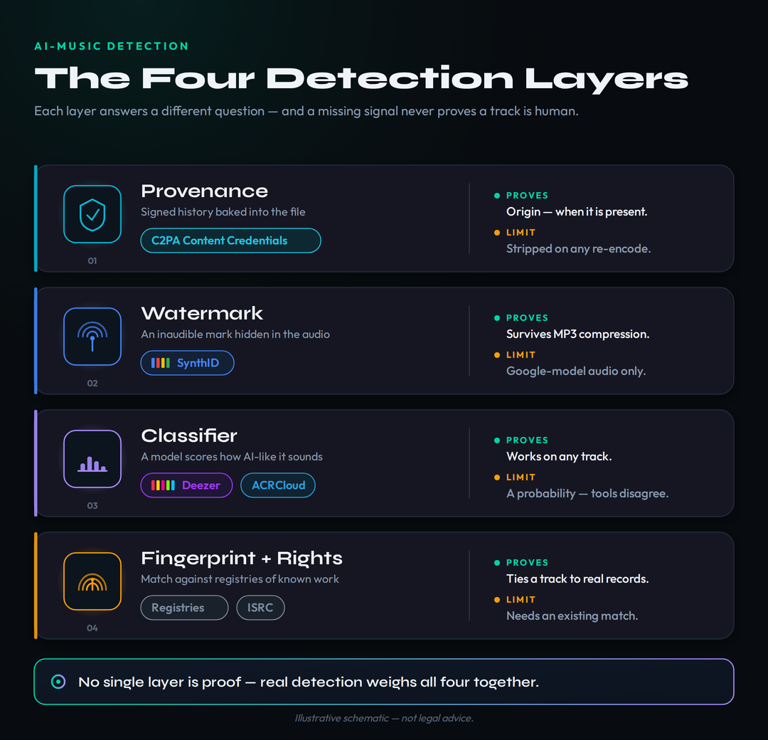 The four layers of AI-music detection shown as a stack - provenance (C2PA Content Credentials), watermark (SynthID), classifier (Deezer, ACRCloud), and fingerprint plus rights records - each annotated with what it can prove and what it cannot prove, showing that a missing signal never proves a track is human-made