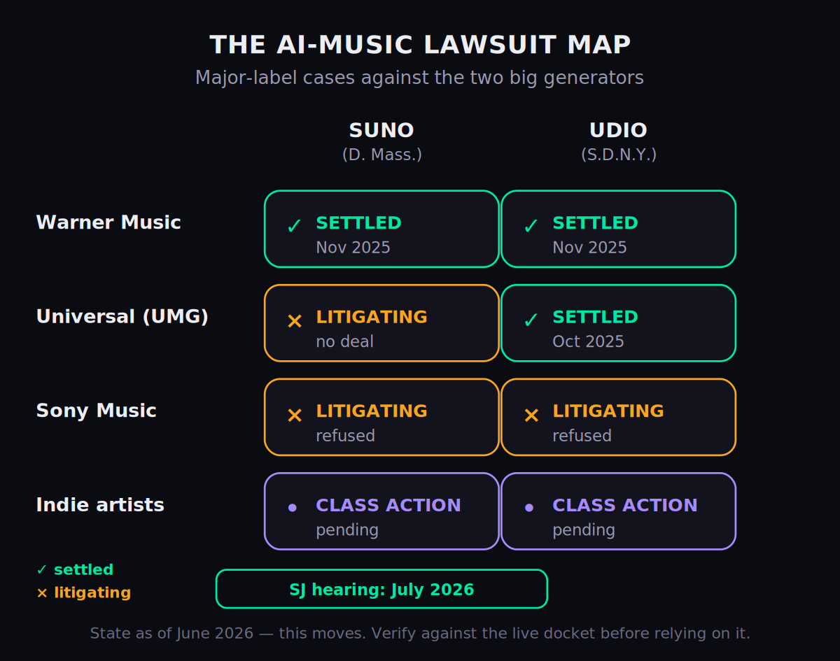 The AI-music lawsuit map as of June 2026: a grid of major labels against Suno (District of Massachusetts) and Udio (Southern District of New York). Warner Music settled both in November 2025. Universal is litigating Suno (no deal) but settled Udio in October 2025. Sony Music is litigating both. Independent-artist class actions are pending against both companies. A Suno summary-judgment hearing is scheduled for July 2026.