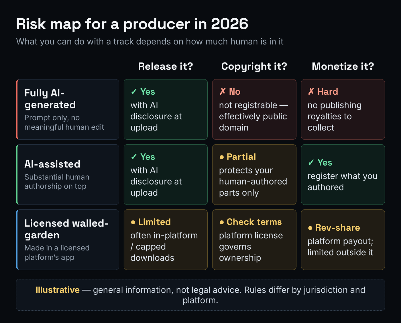Illustrative risk map for a producer: fully AI-generated tracks can be released but are not copyrightable and are hardest to monetize; AI-assisted tracks with substantial human authorship can be released, partly copyrighted and monetized; tracks from a licensed walled-garden platform are safest on rights but most limited in distribution - labeled illustrative, not legal advice
