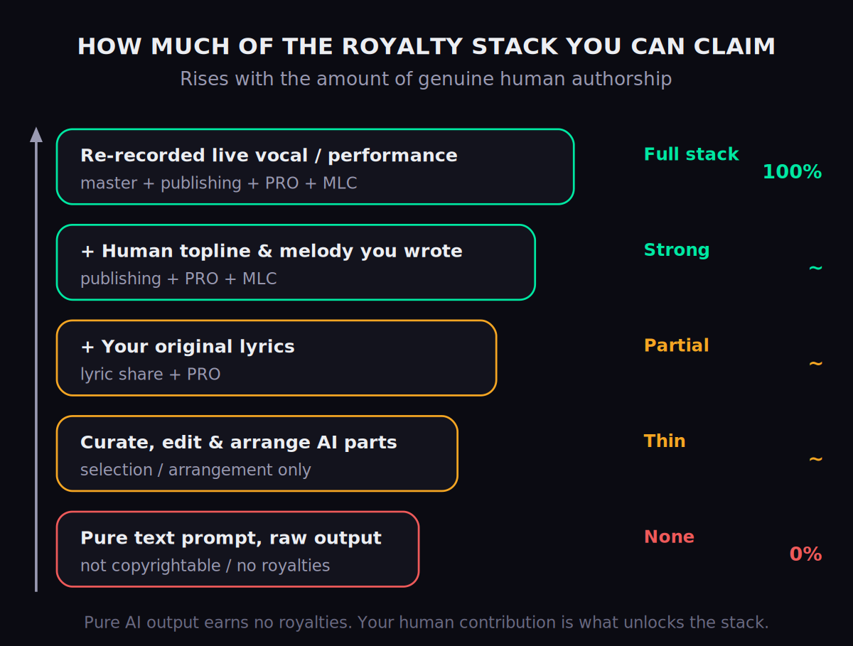 A five-rung ladder showing how much of the royalty stack a producer can claim as human authorship rises. Bottom rung, a pure text prompt with raw output: nothing claimable, not copyrightable, no royalties. Then curating, editing and arranging AI parts: a thin claim on selection and arrangement. Then adding your original lyrics: a partial claim, lyric share plus PRO. Then writing the human topline and melody: a strong claim, publishing plus PRO plus MLC. Top rung, a re-recorded live vocal performance: the full stack of master, publishing, PRO and MLC.