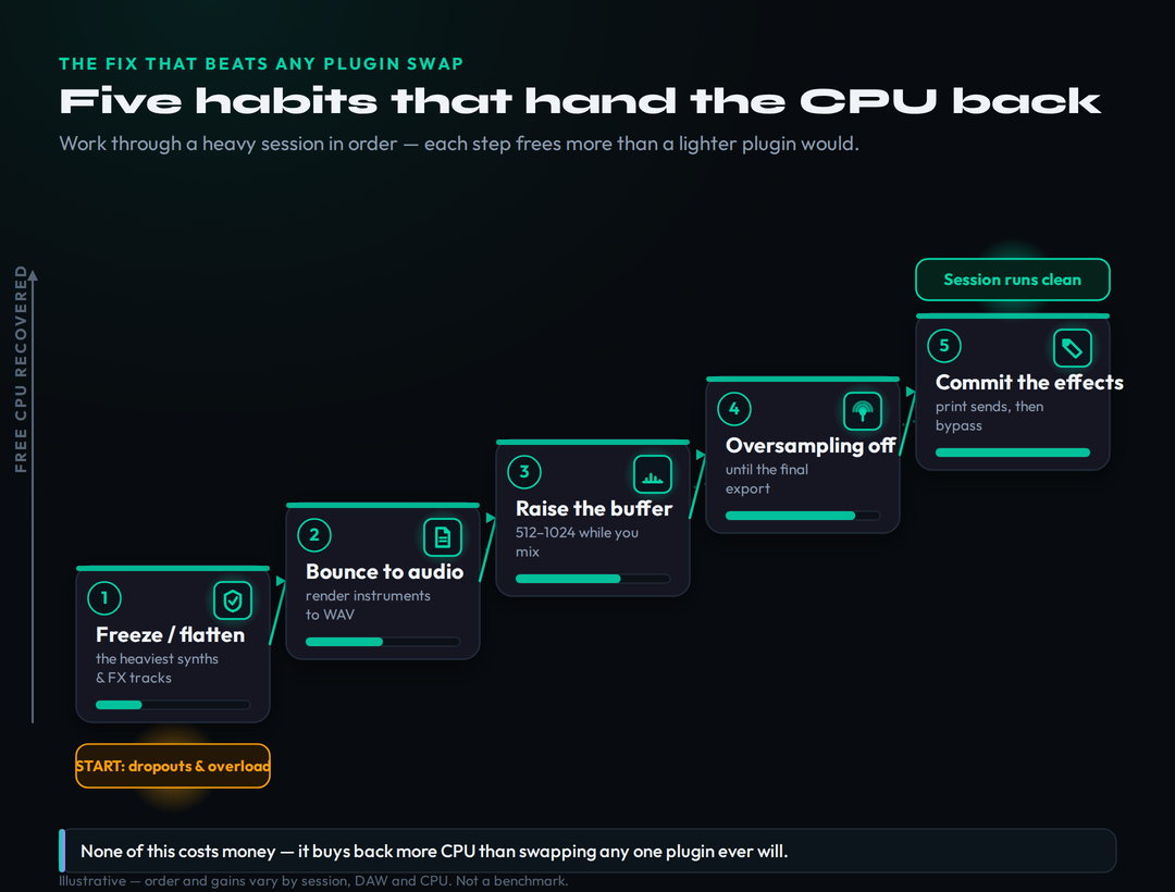 A five-step ascending workflow that progressively frees CPU: freeze and flatten heavy tracks, bounce instruments to audio, raise the buffer while mixing, turn oversampling off until export, and commit effects — moving from dropouts and overload up to a clean-running session