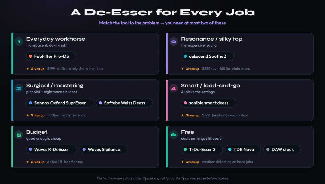 A by-job de-esser picker matching six mixing jobs to the right tool — FabFilter Pro-DS as the workhorse, oeksound Soothe 3 for resonance, Sonnox Oxford SuprEsser and Softube Weiss Deess for surgical mastering, sonible smart:deess for load-and-go, Waves R-DeEsser for budget, and Techivation T-De-Esser 2, TDR Nova and your DAW stock for free — each with what it gives up