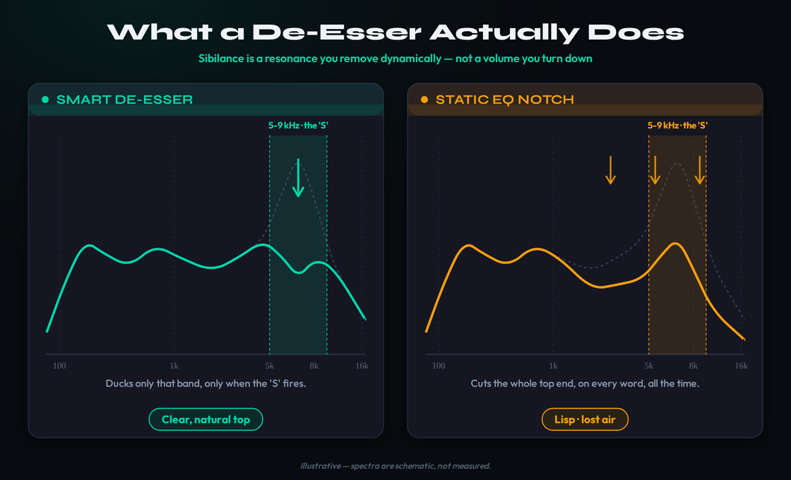 Split-screen frequency spectrum: a smart de-esser ducks only the 5 to 9 kHz sibilant band when an S sound fires, while a static EQ notch cuts the whole top end on every word and dulls the vocal into a lisp
