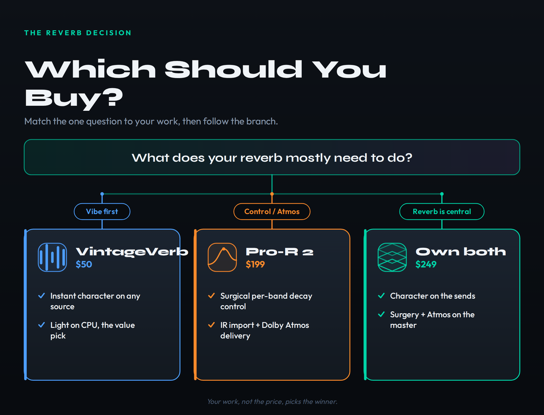 A decision-fork diagram titled 'Which One Should You Buy?' A central question node, 'What does your reverb mostly need to do?', branches three ways. The 'Vibe first' branch leads to Valhalla VintageVerb at $50: vibe, speed and CPU-light beauty on a budget, the pick for most producers. The 'Control / Atmos' branch leads to FabFilter Pro-R 2 at $199: surgical decay control, IR matching or Dolby Atmos delivery. The 'Reverb is central' branch leads to owning both for about $249: character on the sends, surgery on the master, the professional setup. A footer notes your work, not the price, picks the branch.