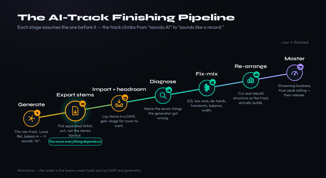 The AI-track finishing pipeline shown as a seven-stage flow: generate the track, export time-aligned stems, import with headroom, diagnose the seven things generators get wrong, run the fix-it mix chain, re-arrange so the track builds, and master for streaming before release - with the stems-export stage marked as the move everything downstream depends on