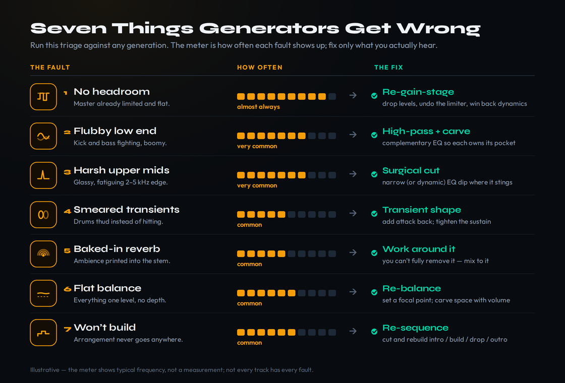The seven things AI generators get wrong, each paired with its fix: no headroom fixed by re-gain-staging, flubby low end fixed by high-pass and complementary EQ, harsh upper mids fixed by surgical cuts, smeared transients fixed by transient shaping, baked-in reverb worked around rather than removed, flat balance fixed by re-balancing the stems, and a non-building arrangement fixed by re-sequencing - each problem rated by how often it appears