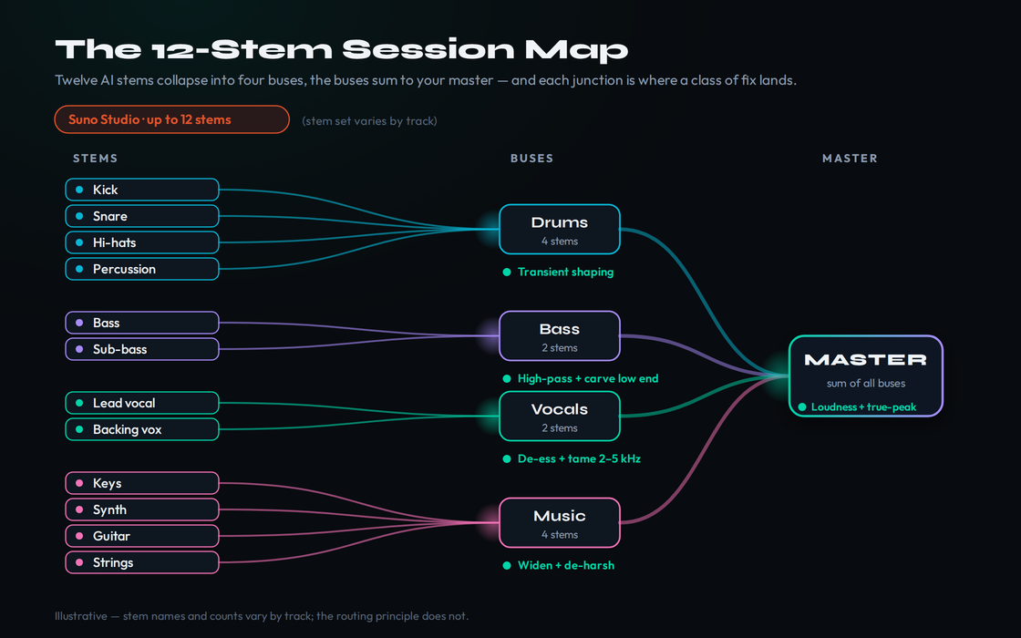 A stem session map showing twelve AI-generated stems grouped into drums, bass, vocals and music buses, each bus routing into the master, with annotations marking where each fix lands - low-end cleanup on the bass and kick, de-harshing and de-essing on vocals and synths, transient shaping on drums, and the final loudness stage on the master bus