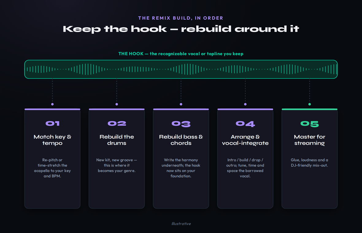 The remix build shown in order with the hook kept as an unbroken lane across the top and the rebuild stations beneath it: keep the recognizable vocal or topline unchanged, then match key and tempo, rebuild the drums for your genre, rebuild the bass and chords so the hook sits on your foundation, arrange the track and integrate the borrowed vocal, and finally master it for streaming