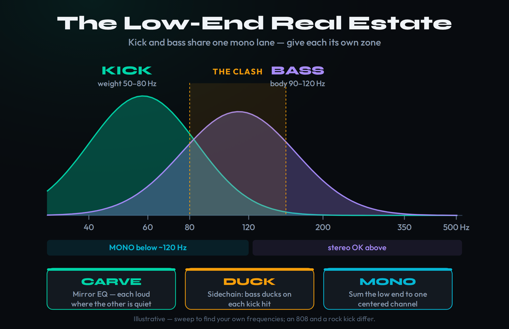 Frequency map of the low end showing the kick (50 to 80 Hz weight) and bass (90 to 120 Hz body) overlapping in the mono sub region, with the clash zone and the carve, duck, and mono interventions labeled