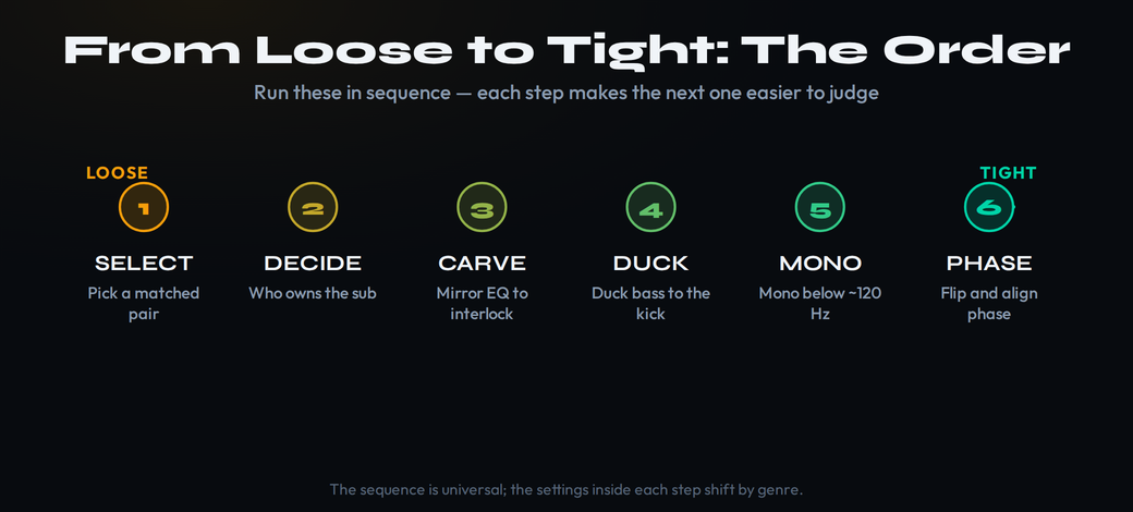 The order of operations for mixing kick and bass: select a matched pair, decide who owns the sub, carve with mirror EQ, duck with sidechain, sum the low end to mono, then check phase, progressing from a loose low end to a tight one