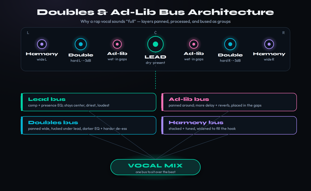 Doubles and ad-lib bus architecture: a centered dry present lead, doubles panned hard left and right and tucked under the lead, ad-libs panned and drenched in delay and reverb, and harmonies widened — each routed to its own bus for separate processing before the vocal mix