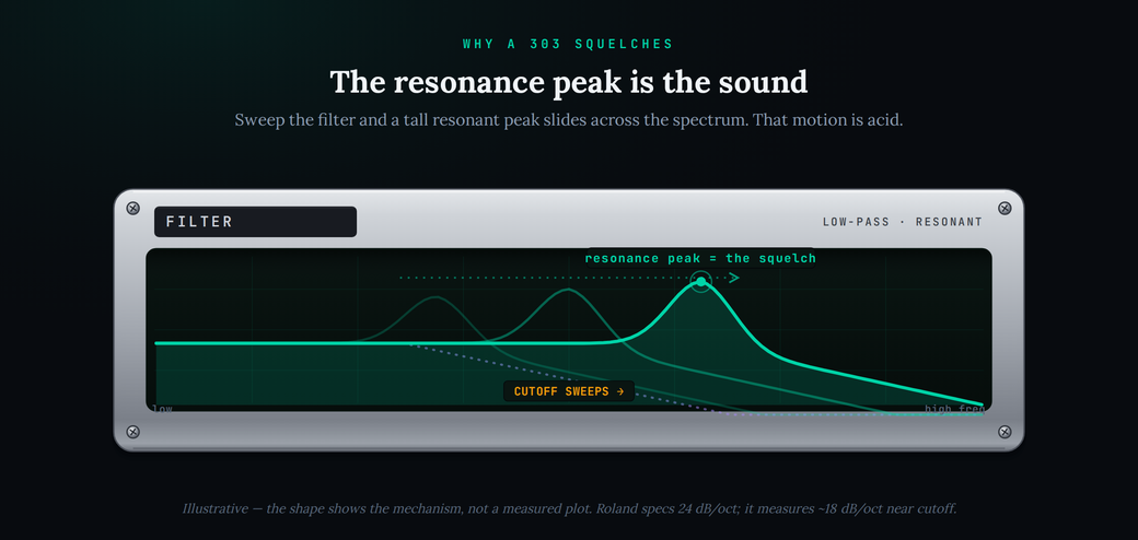 A stylized oscilloscope screen set in a brushed-metal filter panel showing the 303 resonant low-pass filter. A tall narrow resonance peak is drawn three times at sweeping positions from dim to bright, illustrating the peak moving across the frequency spectrum as the cutoff sweeps, with a motion arrow along the tops. A dim dashed purple curve shows a clean filter with no peak for contrast. The bright peak is labelled ‘the squelch.’ The caption notes the shape is illustrative, that Roland specs 24 dB per octave and it measures about 18 dB per octave near the cutoff.