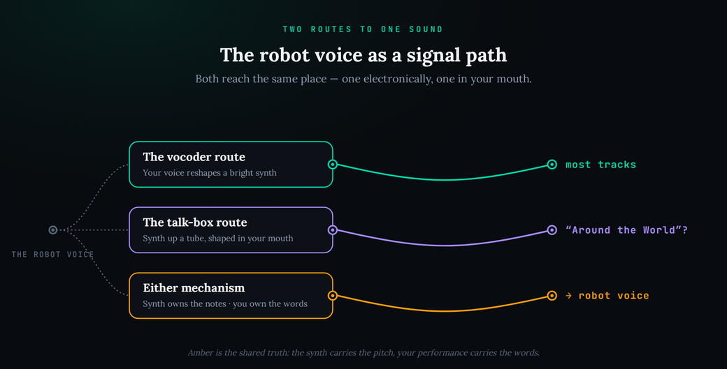 A signal-path diagram titled “The robot voice as a signal path.” A source jack labelled THE ROBOT VOICE fans out by cable to three cards. The teal card, “The vocoder route,” reads “your voice reshapes a bright synth” and routes to “most tracks.” The purple card, “The talk-box route,” reads “synth up a tube, shaped in your mouth” and routes to “Around the World?” The amber card, “Either mechanism,” reads “the synth owns the notes, you own the words” and routes to “robot voice.” Caption: the synth carries the pitch and your performance carries the words.