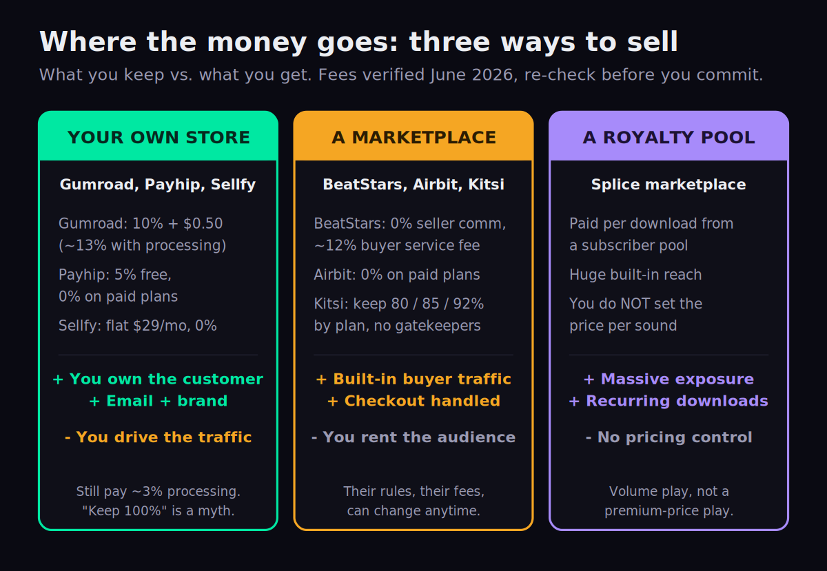 Payout comparison diagram of your own store versus a marketplace versus a royalty pool showing fees and tradeoffs for selling drum kits
