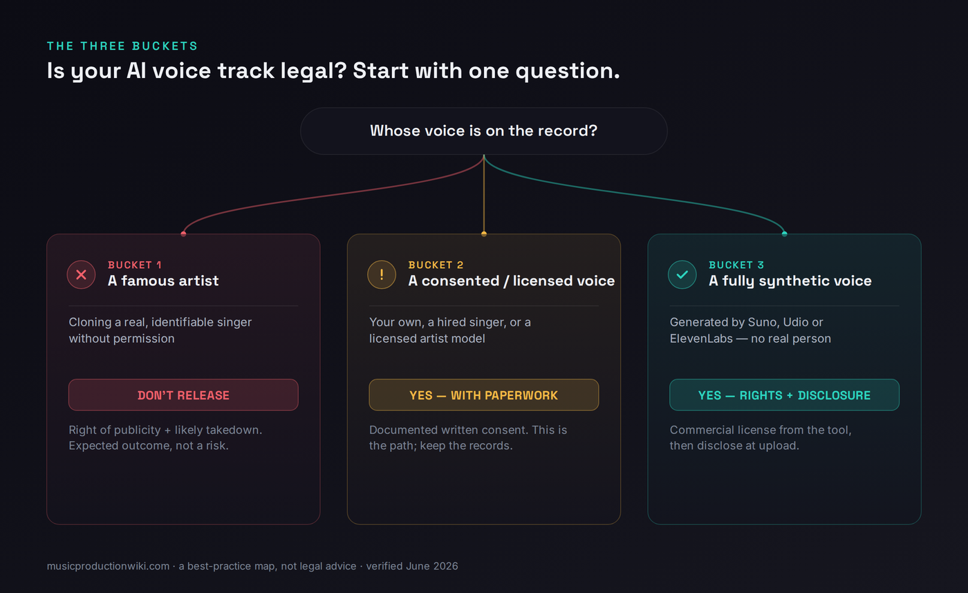 Decision map: whose voice is on the record routes to three buckets - famous artist clone marked don't release, consented or licensed voice marked yes with paperwork, fully synthetic voice marked yes with rights and disclosure