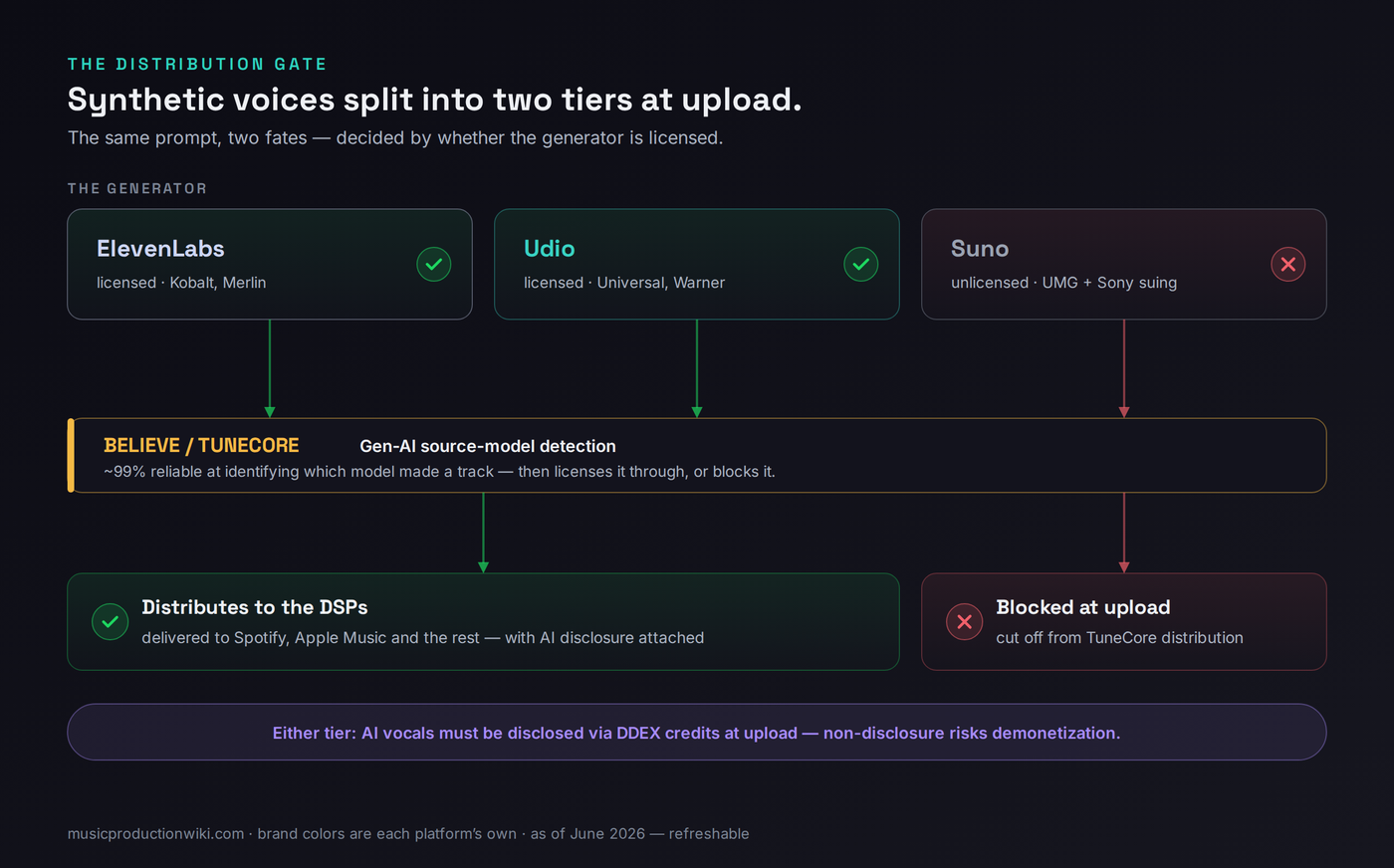 Two-tier distribution flow as of June 2026: licensed generators ElevenLabs and Udio pass the Believe and TuneCore detection gate and distribute, while unlicensed Suno output is blocked, with DDEX AI disclosure required at upload