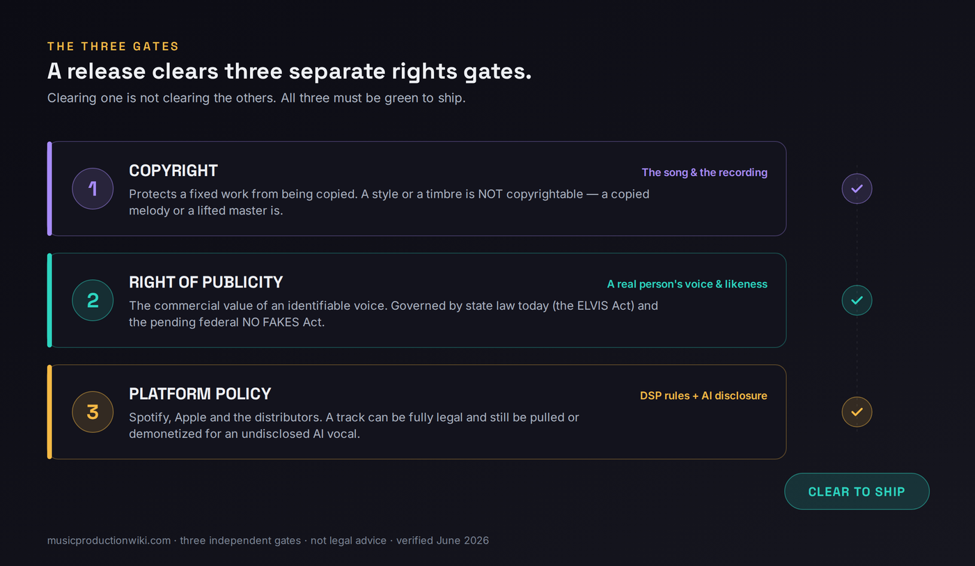 Three stacked rights gates a release must clear to ship: copyright covering the song and recording, right of publicity covering the real person's voice, and platform policy covering DSP rules and AI disclosure - all three must be green