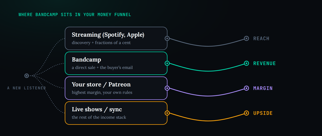Where Bandcamp sits in an artist&rsquo;s money funnel, shown as a routing diagram. A single new listener fans out to four destinations: streaming on Spotify or Apple returns reach and fractions of a cent; Bandcamp returns direct revenue plus the buyer&rsquo;s email and is highlighted in teal as the key node; an artist&rsquo;s own store or Patreon returns the highest margin; and live shows or sync licensing return the rest of the income stack.
