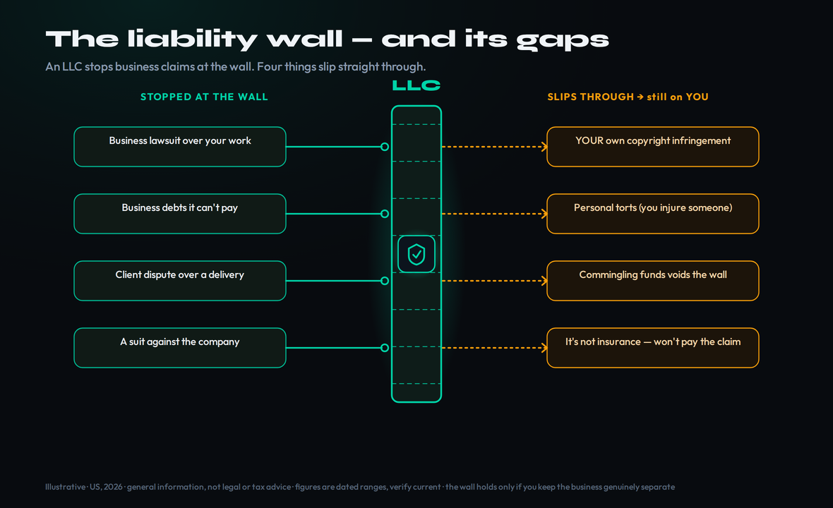Diagram of an LLC liability wall for music producers: business lawsuits over your work, business debts, client disputes and suits against the company are stopped at the wall, while your own copyright infringement, personal torts, commingling funds that void the wall, and the fact that an LLC is not insurance all slip through and stay your personal responsibility