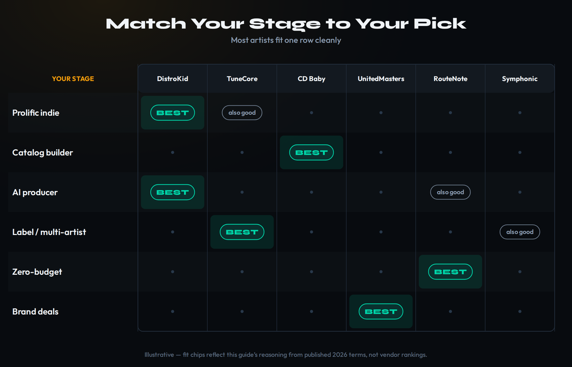 A stage-to-pick matrix with rows for each artist stage — prolific indie, catalog builder, AI producer, label or multi-artist, zero-budget beginner, and brand-deal seeker — and columns for the major distributors, with fit chips marking the best match in each row from DistroKid for prolific artists to UnitedMasters for brand deals
