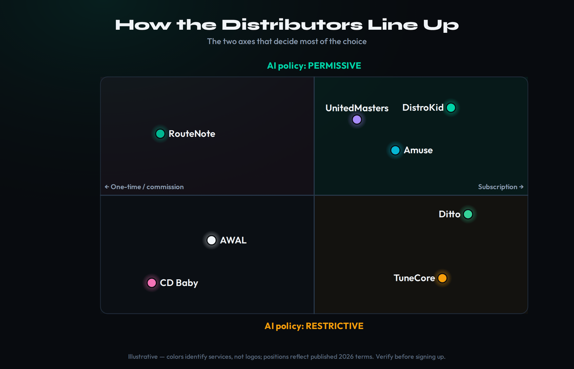 A selection-axis map placing major music distributors against the two deciding axes — fee model from one-time and commission to subscription on one axis, and AI-music policy from permissive to restrictive on the other — with DistroKid, TuneCore, CD Baby, UnitedMasters, Amuse, Ditto, RouteNote and AWAL positioned by how they actually behave