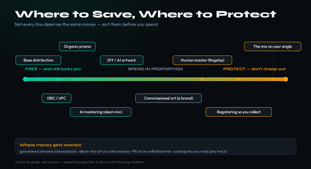 Spend-priority spectrum from free-and-still-looks-pro (base distribution, ISRC, AI mastering on a clean mix, DIY artwork, organic promo) to protect-and-do-not-cheap-out (the mix on your flagship single, registering so you collect)