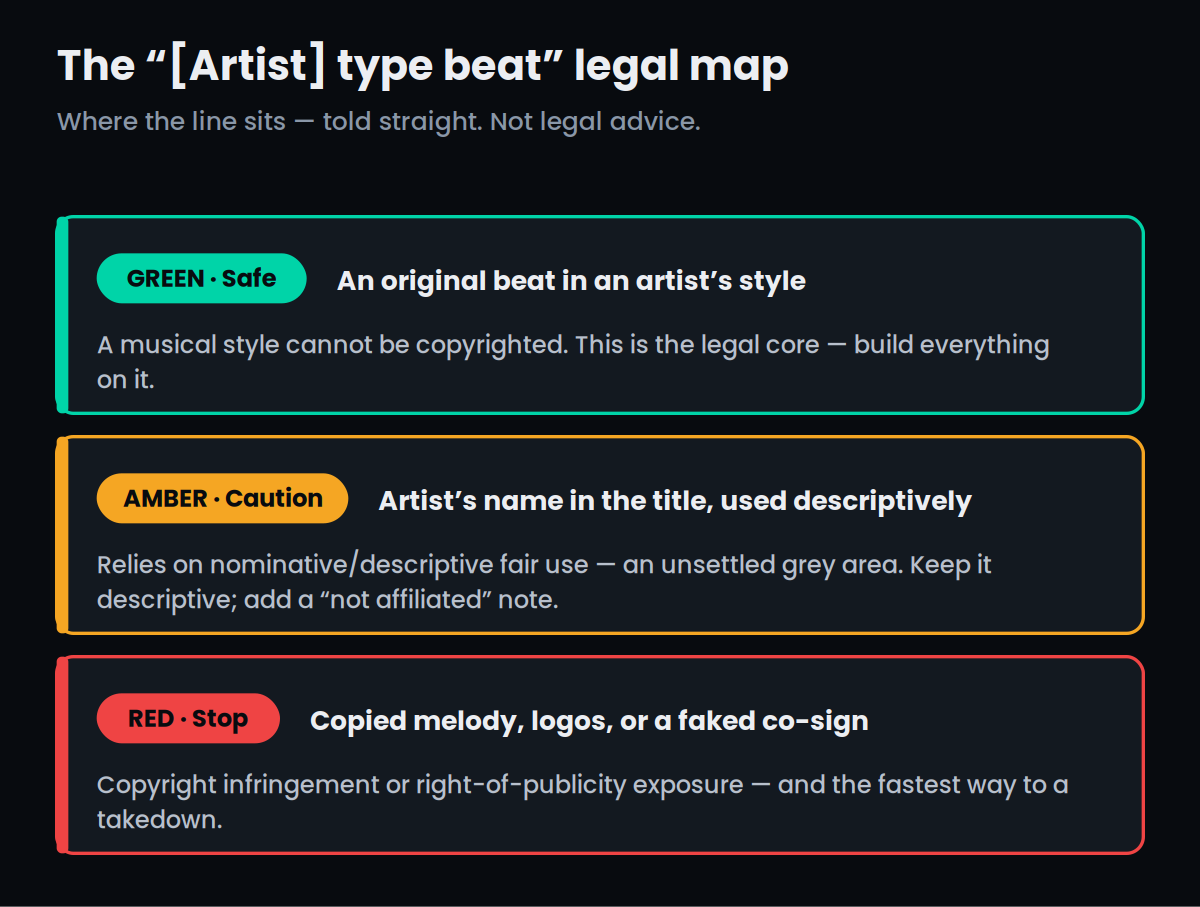 Legal map for the '[Artist] type beat' title: green means safe — an original beat in an artist's style, because a style cannot be copyrighted; amber means manage the risk — an artist's name used descriptively in the title, an unsettled grey area, mitigated by keeping it descriptive and adding a not-affiliated note; red means stop — copied melody, logos, or a faked co-sign, which is copyright infringement or right-of-publicity exposure.