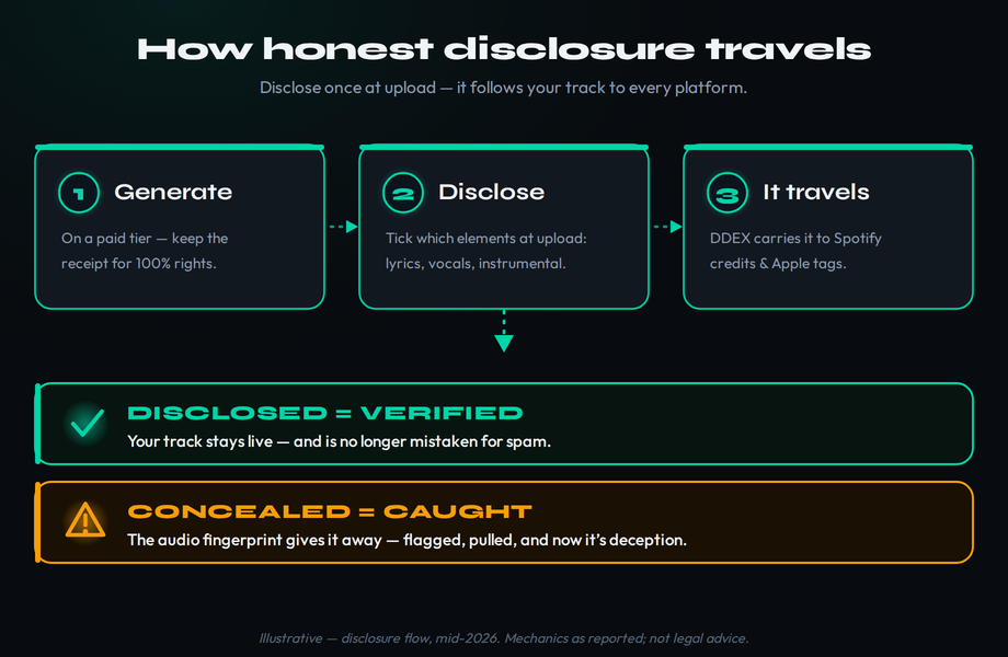 The disclosure flow for AI music in 2026 - a three-stage pipeline: generate on a paid tier and keep the receipt, disclose which elements were AI at upload (lyrics, vocals, instrumental), and the DDEX feed carries it to Spotify AI credits and Apple transparency tags, so a disclosed track is verified and stays live while concealed AI is caught by its audio fingerprint and flagged or pulled anyway