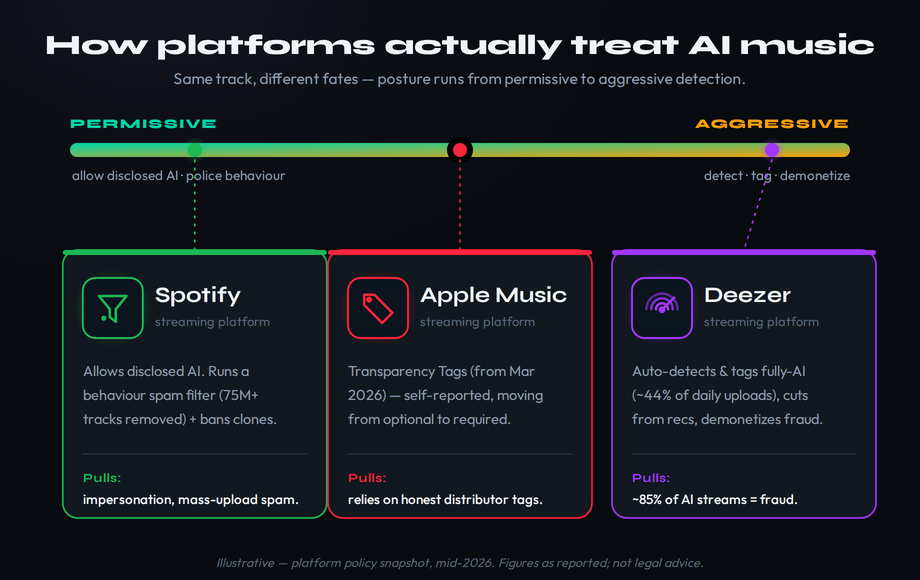 Platform posture spectrum for AI music in 2026 running from permissive to aggressive - Spotify allows disclosed AI but runs a behaviour spam filter that removed 75 million plus tracks and bans voice clones, Apple Music uses self-reported Transparency Tags from March 2026 moving from optional to required, and Deezer aggressively auto-detects and tags fully-AI tracks which are about 44 percent of daily uploads, cuts them from recommendations and demonetizes the roughly 85 percent of AI streams it finds fraudulent