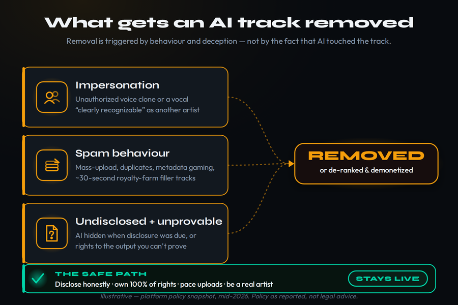 The three triggers that get an AI music track removed from streaming platforms - unauthorized voice clone or impersonation, spam behaviour such as mass-upload and royalty-farm filler tracks, and undisclosed AI with rights you cannot prove - all feeding into a removal or de-ranking decision, with a teal safe path (disclose honestly, own 100% of rights, pace uploads, be a real artist) routing around the gate so the track stays live